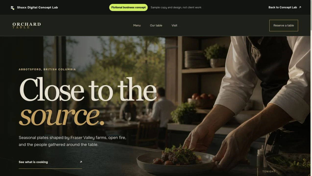 Orchard & Table concept website, shown as a desktop page