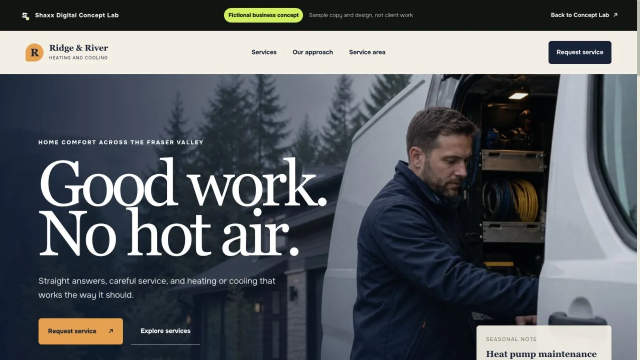 Ridge & River Heating concept website, shown as a desktop page