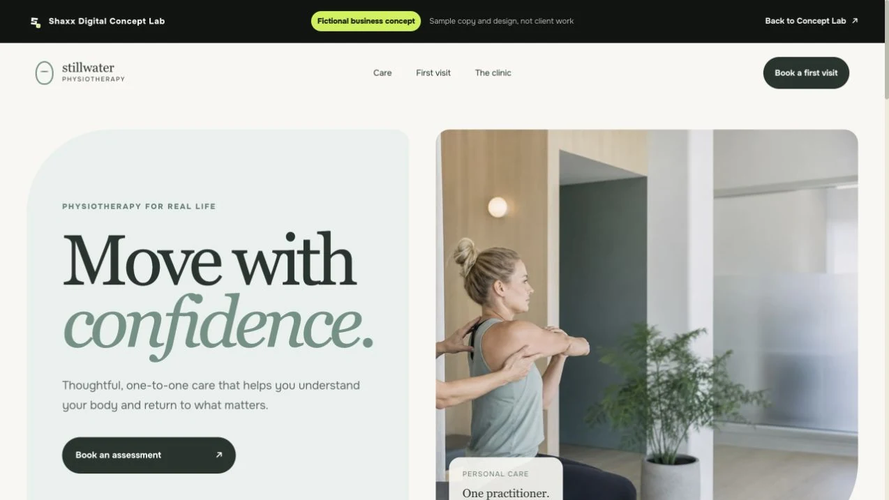Stillwater Physiotherapy concept website, shown as a desktop page