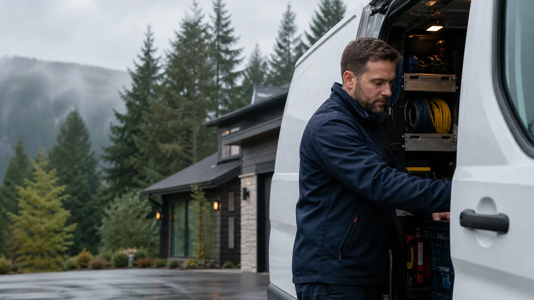 Heating technician standing beside a service van in a Fraser Valley neighbourhood