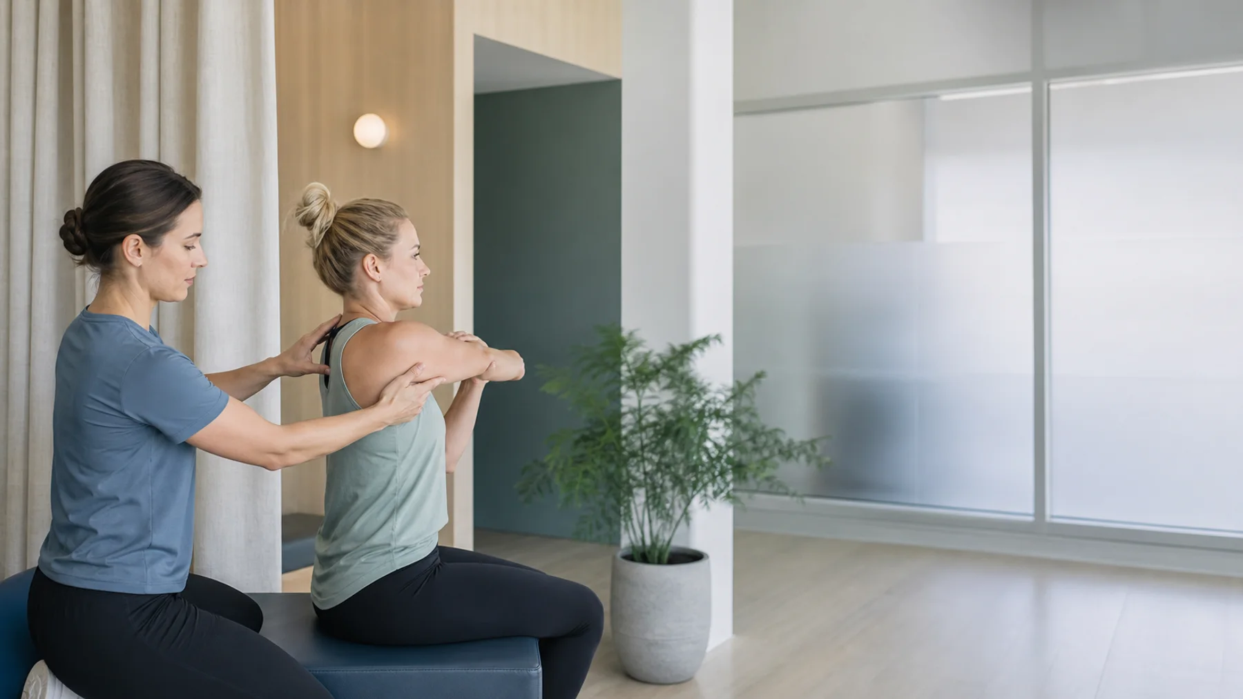 Physiotherapist helping a patient with a guided movement in a bright clinic